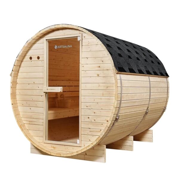Artsauna Fasssauna Spitzbergen 220 cm für 6 Personen mit 8 kW Saunaofen