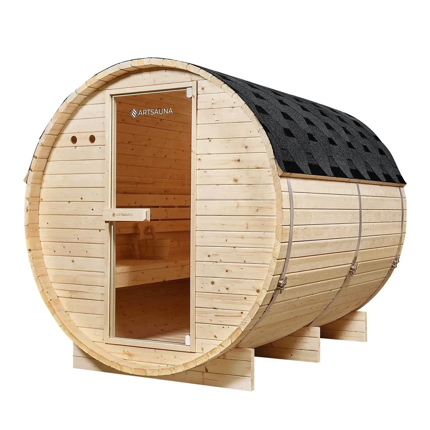 Artsauna Fasssauna Spitzbergen 220 cm für 6 Personen mit 8 kW Saunaofen