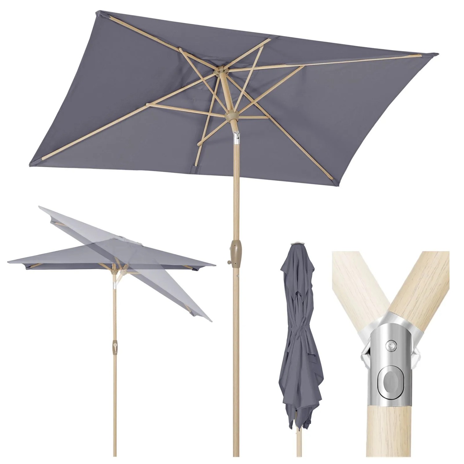 Sekey Aluminium Sonnenschirm 210 x 140 cm Rechteckig Knickbar Holzoptik Gartenschirm für Balkon Terrasse