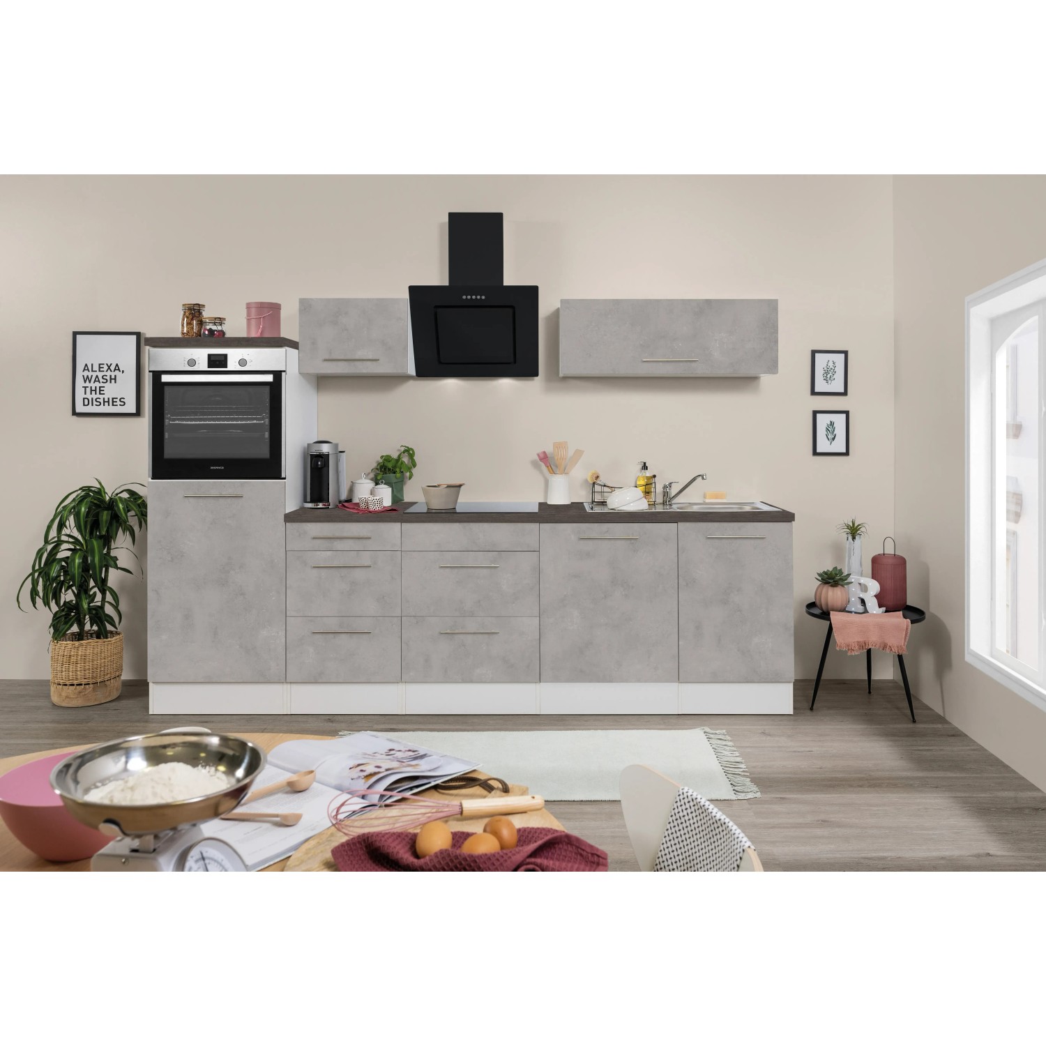 Respekta Premium Küchenzeile Amanda 280 cm Beton-Optik-Weiß