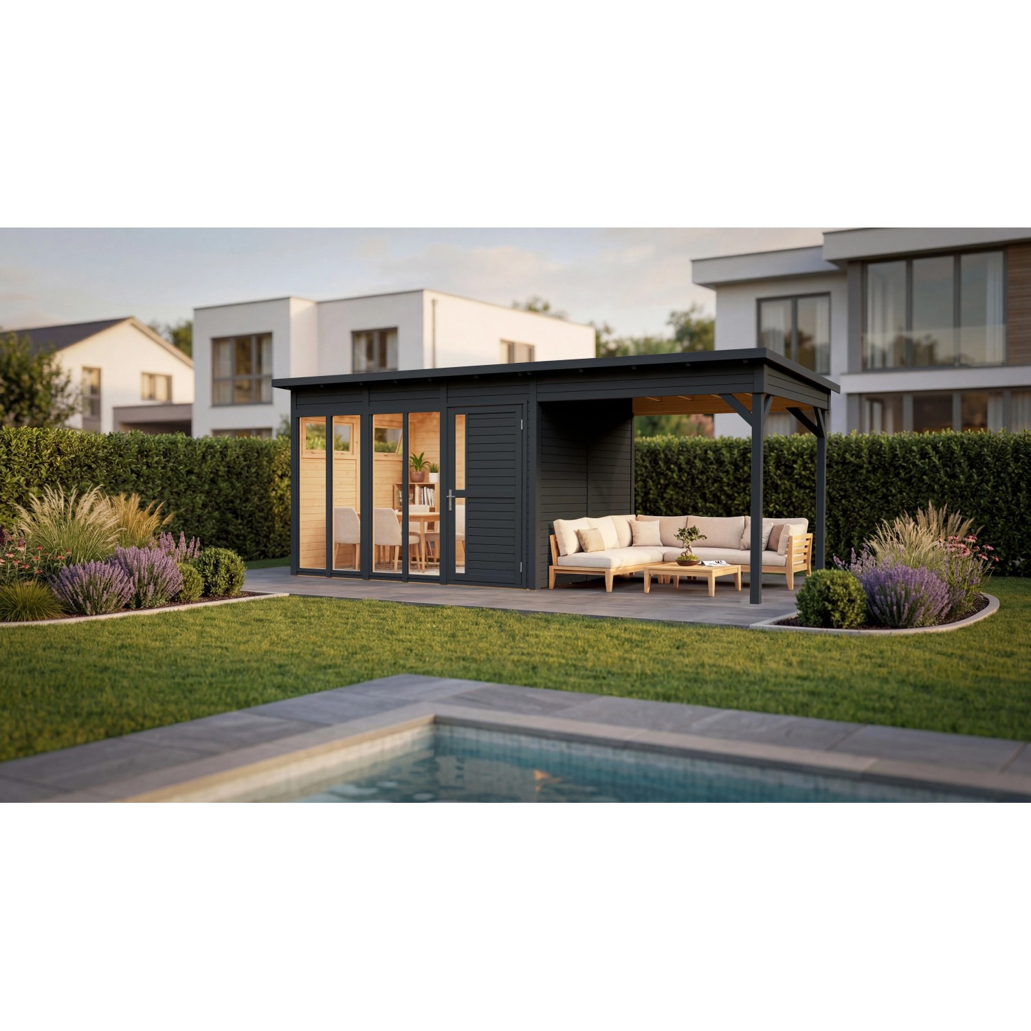 Bertilo Holz-Gartenhaus Pentus3Off.L anthr. Flachdach Lasiert 229 cm x 115 cm