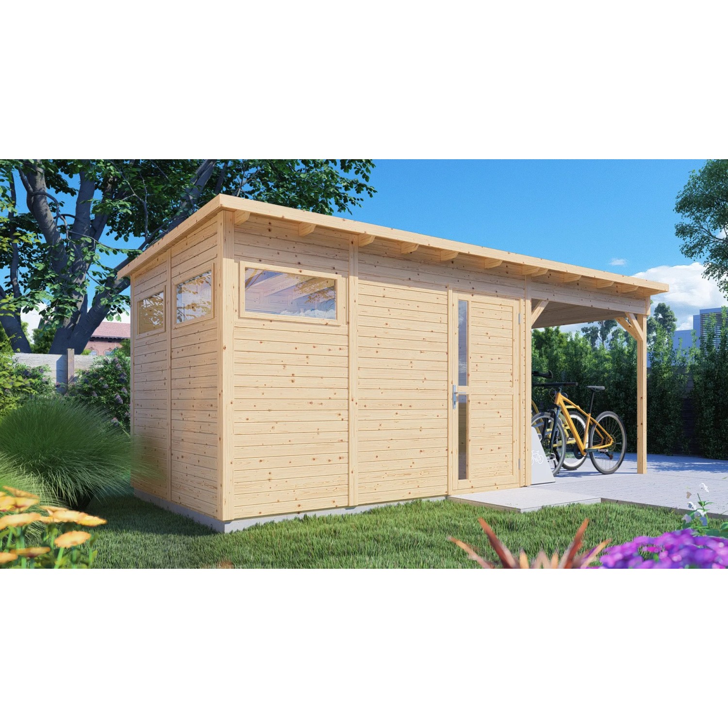 Bertilo Holz-Gartenhaus Pentus 3 Lounge Flachdach Unbehandelt 558 cm x 234 cm