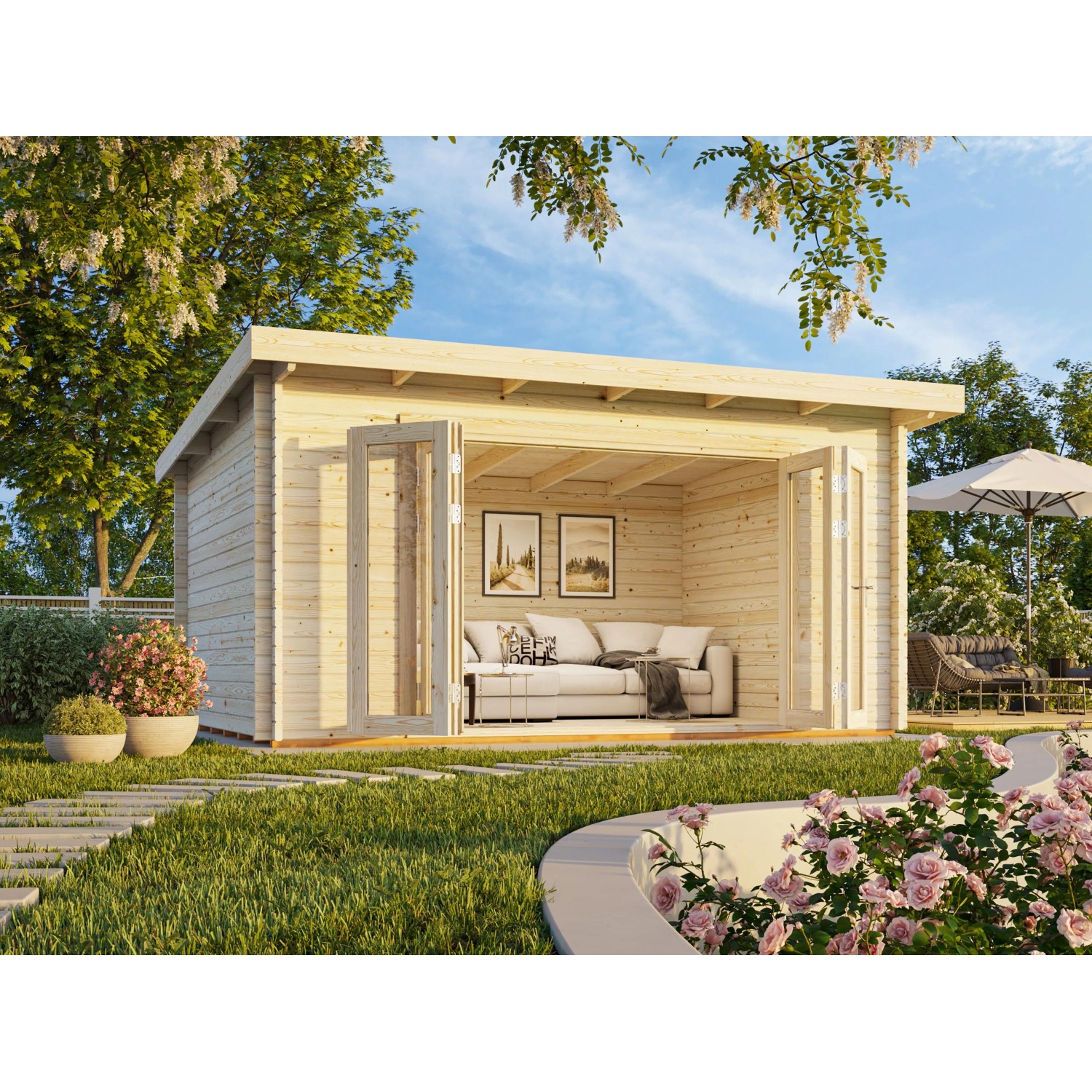 Palmako Lea Holz-Gartenhaus Natur Pultdach Unbehandelt 450 cm x 330 cm