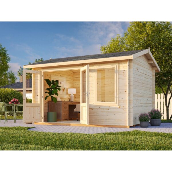 Palmako Iris Holz-Gartenhaus Natur Satteldach Unbehandelt 360 cm x 276 cm Palmako Iris Holz-Gartenhaus Natur Satteldach Unbehandelt 360 cm x 276 cm