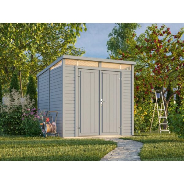 Palmako Holz-Gartenhaus Elias Pultdach Hellgrau Lackiert 221 cm x 228 cm 4,9 m² Palmako Holz-Gartenhaus Elias Pultdach Hellgrau Lackiert 221 cm x 228 cm 4,9 m²