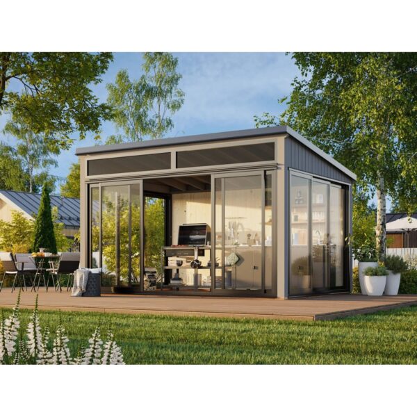 Palmako Holz-Gartenhaus Saga Slide Plus Pultdach Lackiert 420 cm x 297 cm