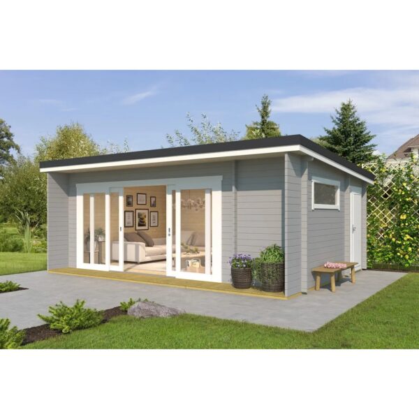 Lasita Holz-Gartenhaus Java Pultdach Lichtgrau Lasiert 608 cm x 390 cm