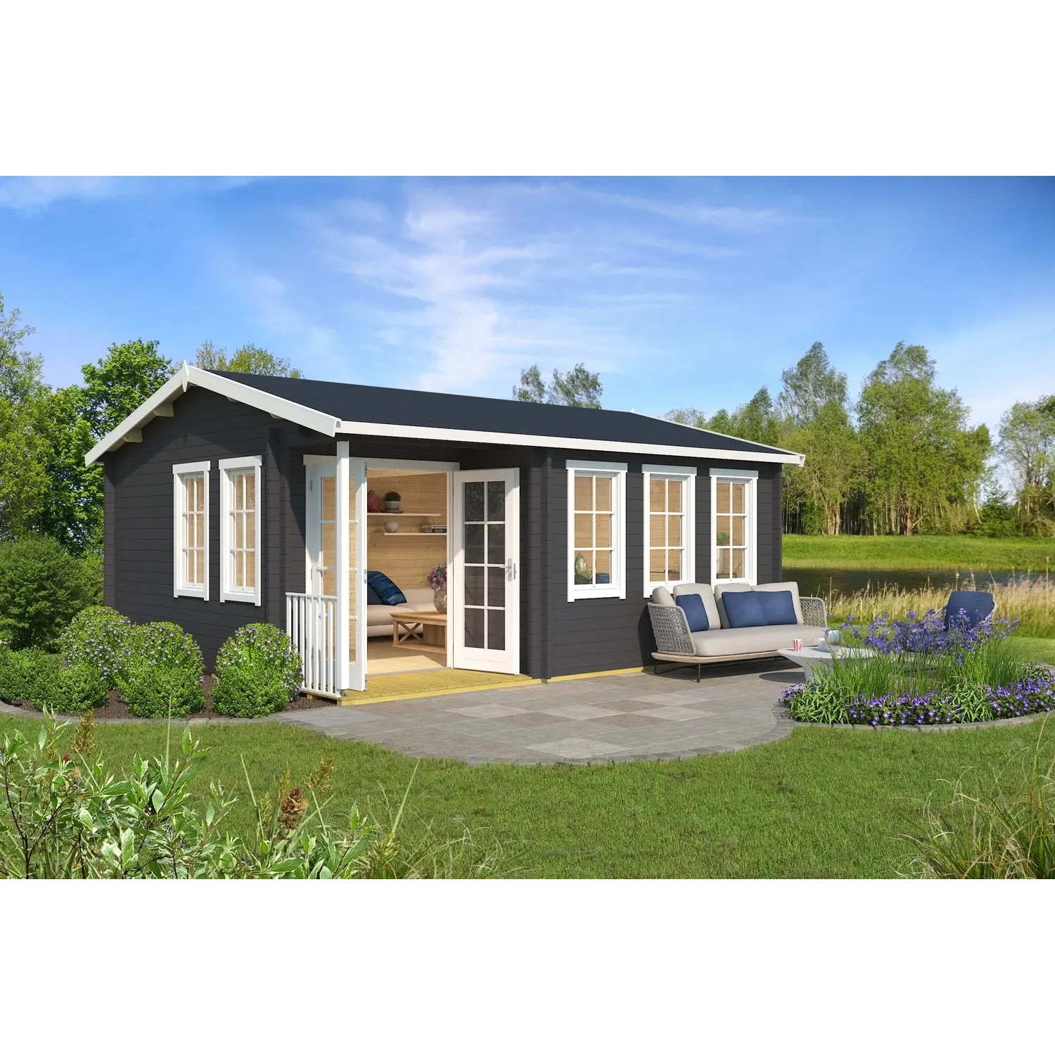 Lasita Holz-Gartenhaus Sri Lanka Set Silber Satteldach Lasiert 560 cm x 480 cm