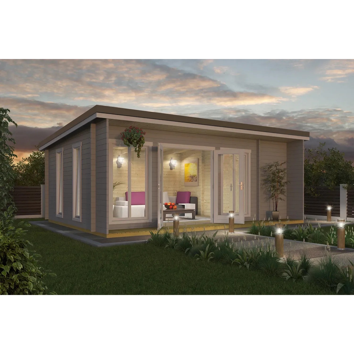 Lasita Holz-Gartenhaus Japan Pultdach Lichtgrau Lasiert 608 cm x 390 cm