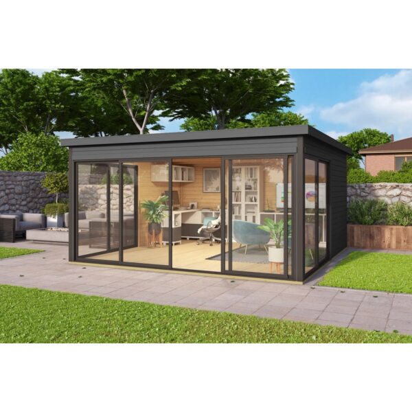 Lasita Holz-Gartenhaus Domeo 5 Flachdach Carbongrau Lasiert 418 cm x 418 cm