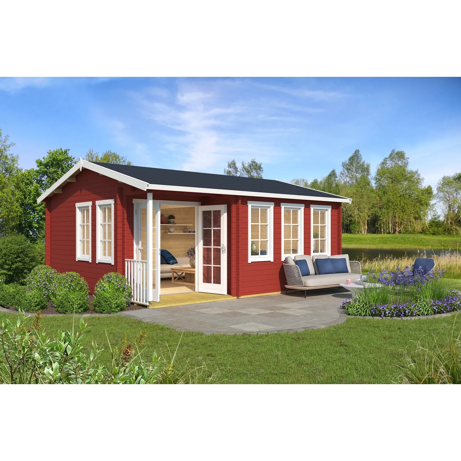 Lasita Holz-Gartenhaus Sri Lanka Set Silber Satteldach Lasiert 560 cm x 480 cm