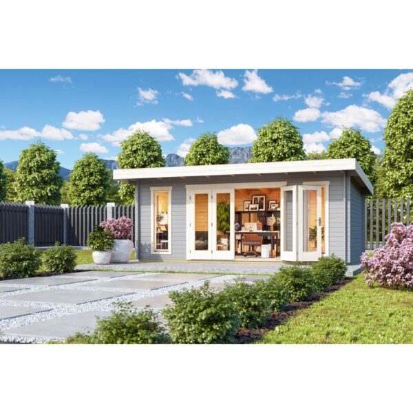 Lasita Holz-Gartenhaus Sussex 2 Pultdach Lichtgrau Lasiert 570 cm x 360 cm