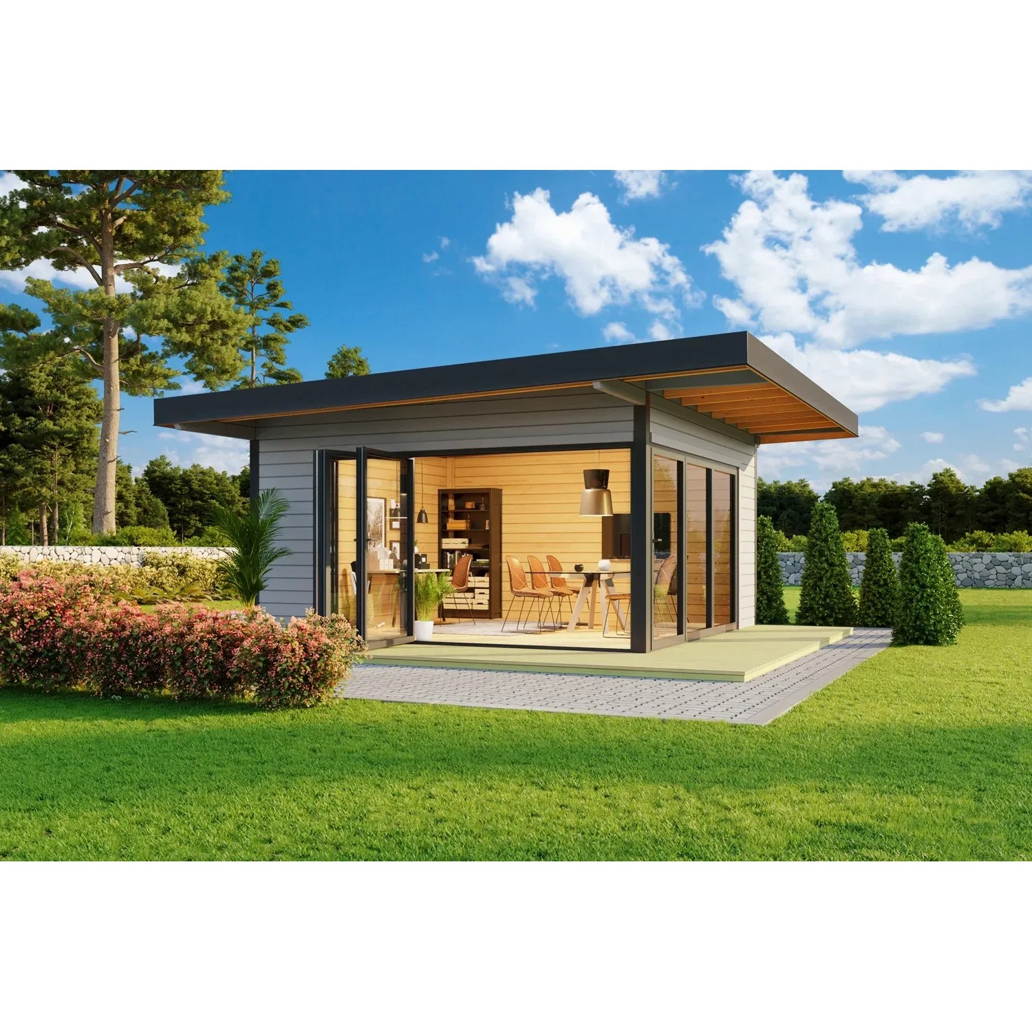 Lasita Holz-Gartenhaus Domeo 9 Pultdach Lichtgrau Lasiert 450 cm x 450 cm
