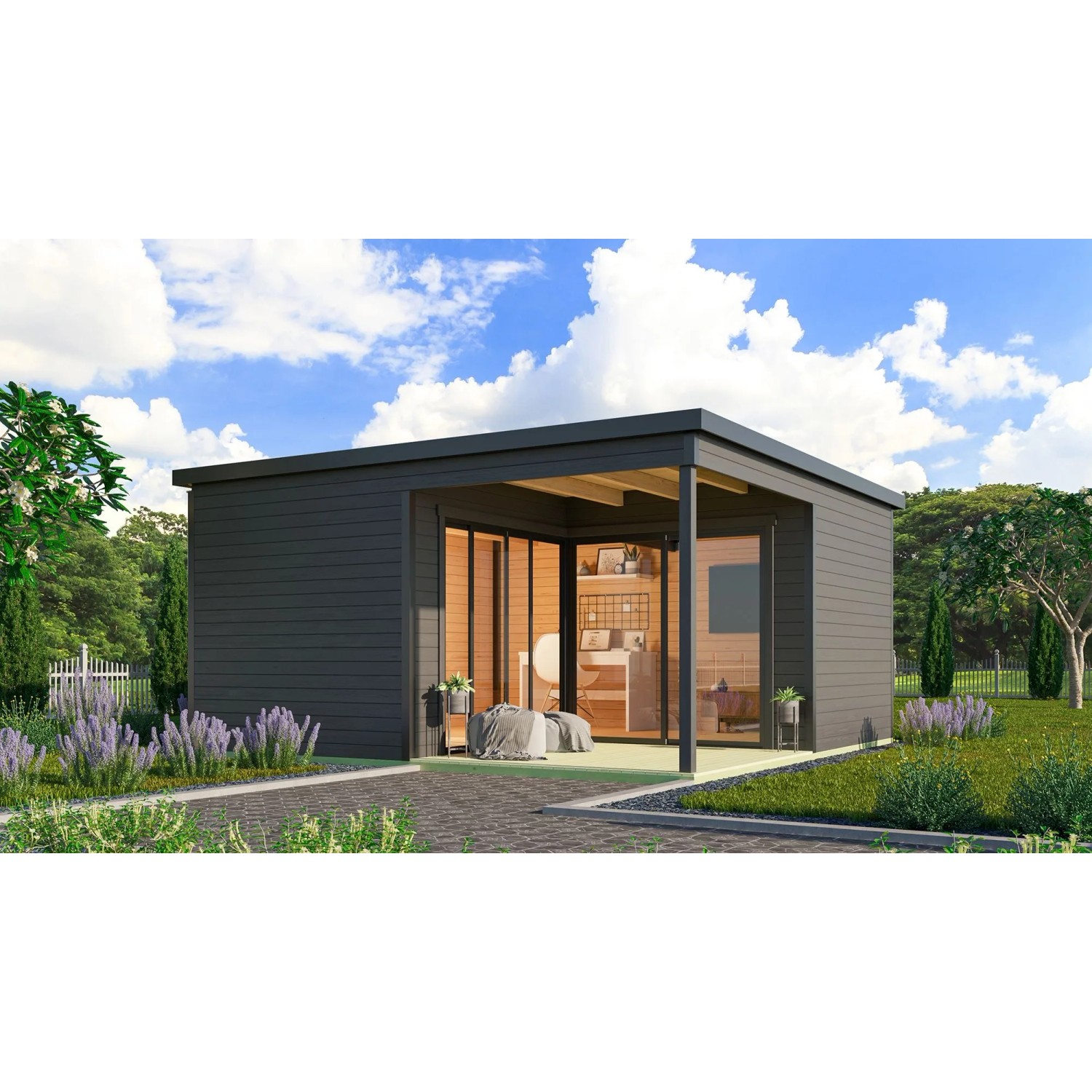 Lasita Holz-Gartenhaus Domeo 6 Loggia Flachdach Lasiert 500 cm x 500 cm 5,9 m²