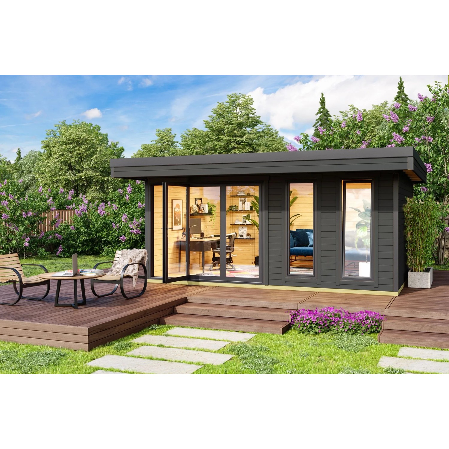 Lasita Holz-Gartenhaus Domeo 8 Flachdach Carbongrau Lasiert 500 cm x 400 cm