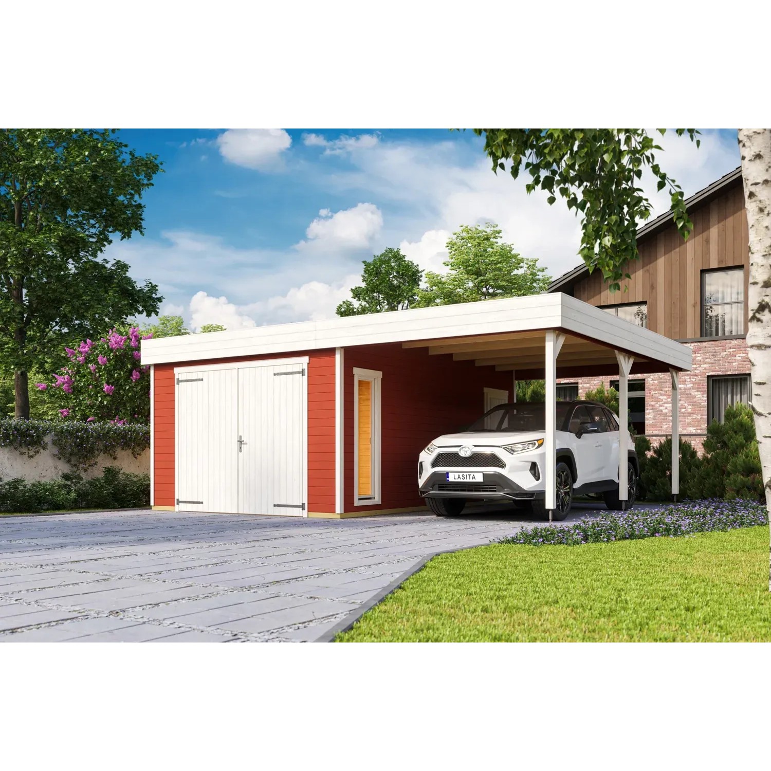 Lasita Maja Holzgarage Bahamas mit Holztor Schwedenrot 660 cm x 540 cm