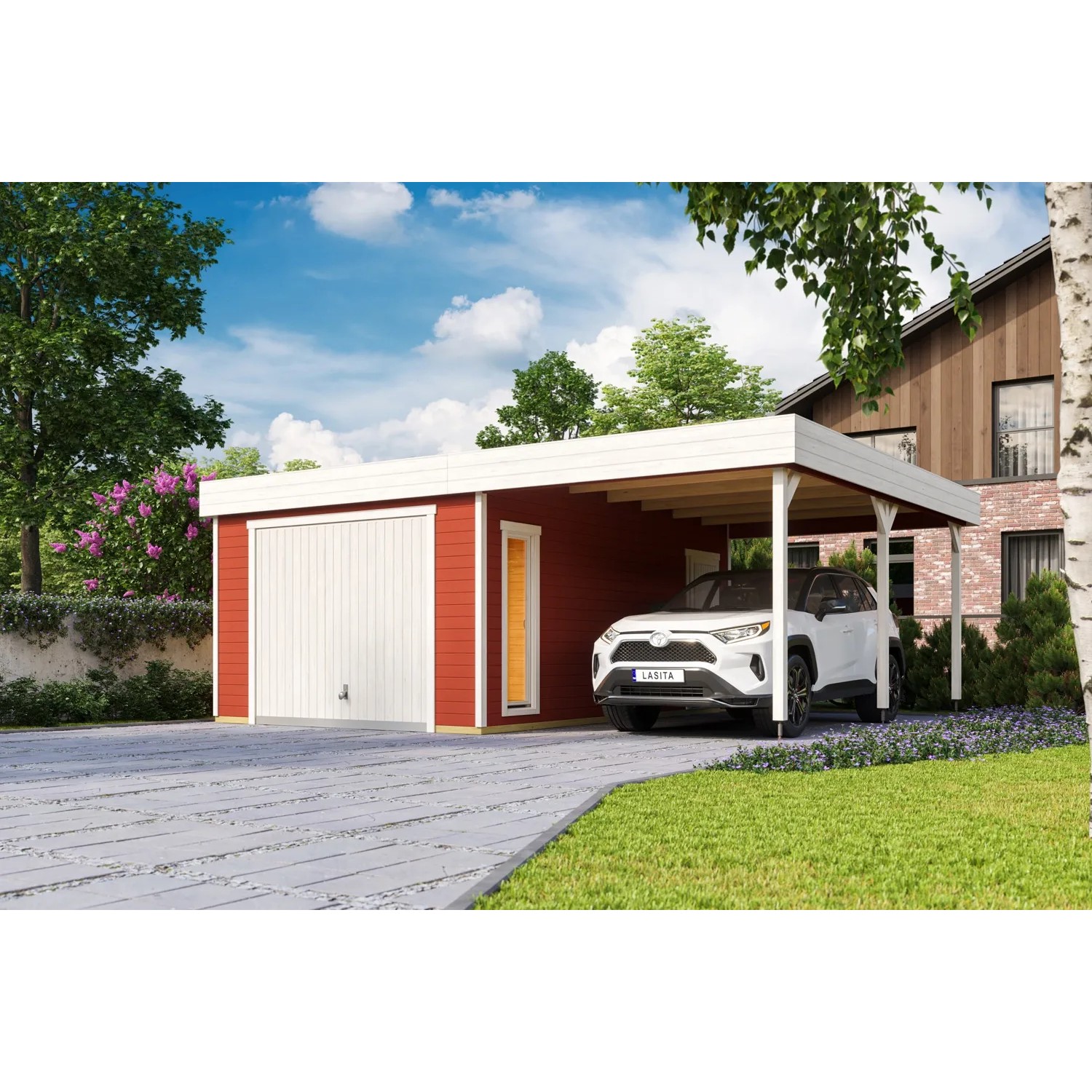 Lasita Maja Holzgarage Bahamas mit Schwingtor Schwedenrot 660 cm x 540 cm