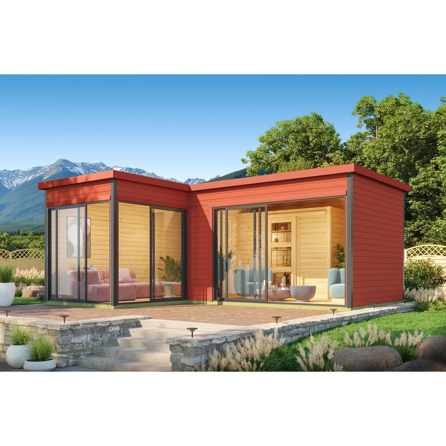 Lasita Holz-Gartenhaus Domeo 11 Flachdach Schwedenrot Lasiert 600 cm x 500 cm