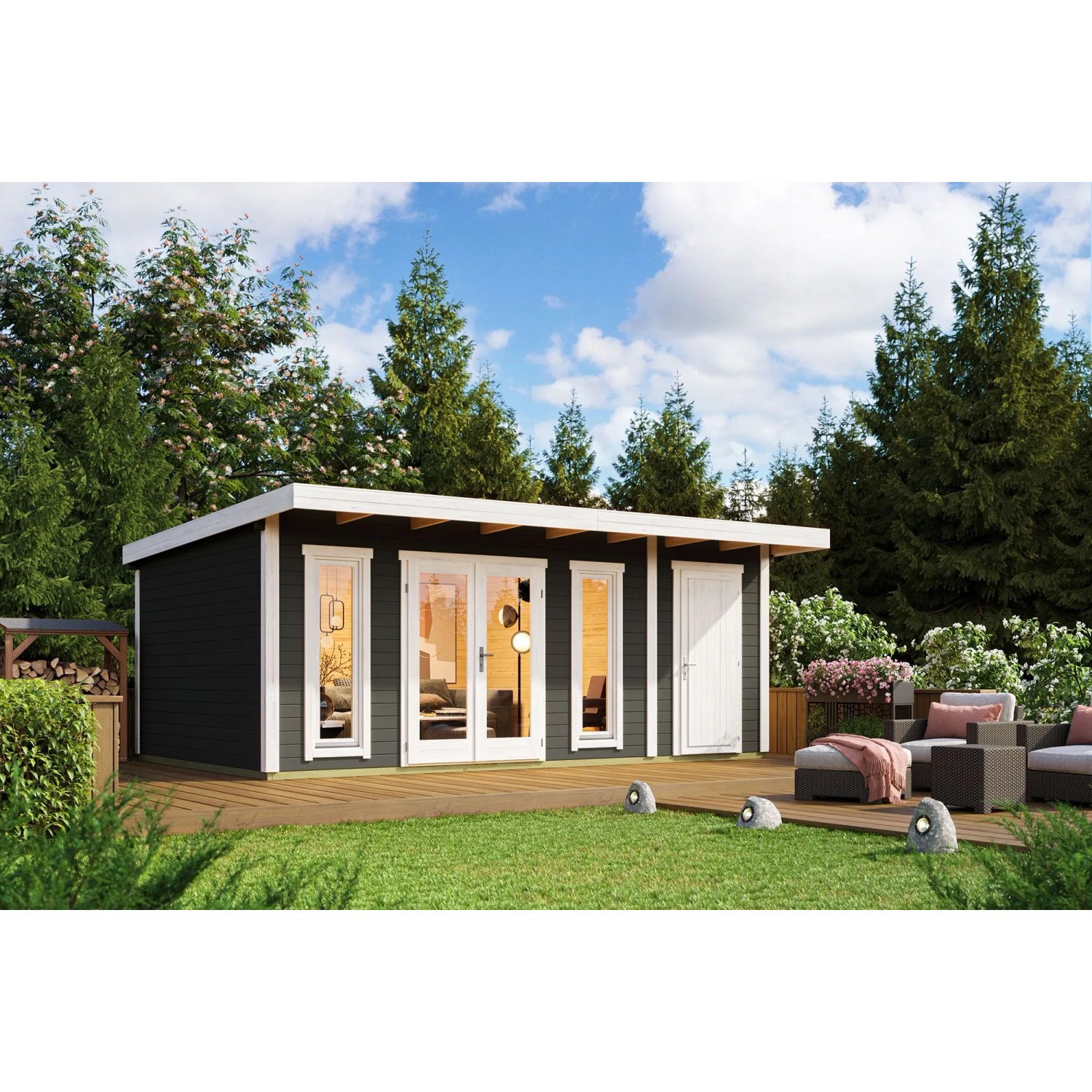 Lasita Holz-Gartenhaus Sicily 2 Flachdach Carbongrau Lasiert 575 cm x 350 cm