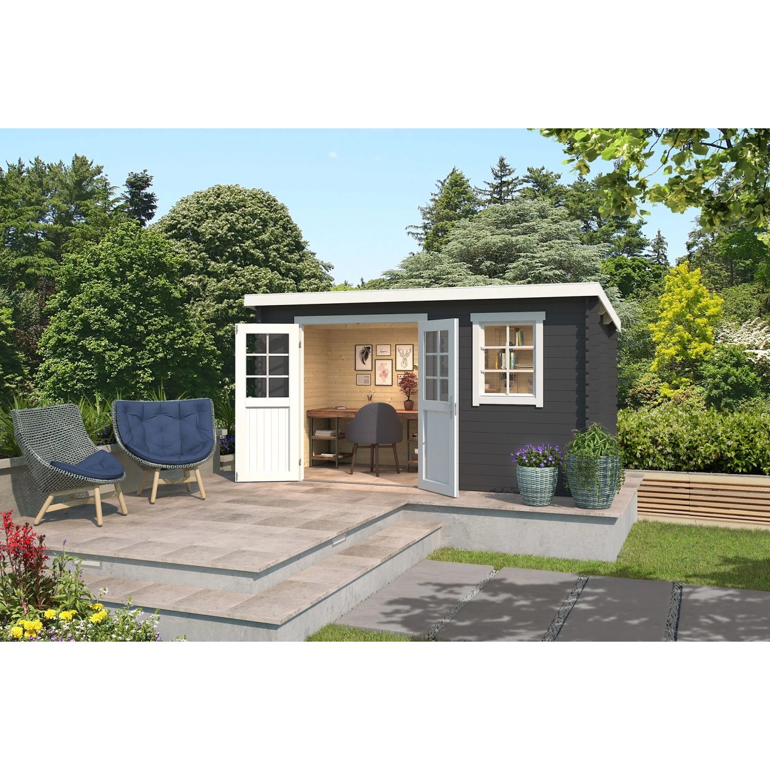 Lasita Holz-Gartenhaus Amira Flachdach Carbongrau Lasiert 380 cm x 175 cm
