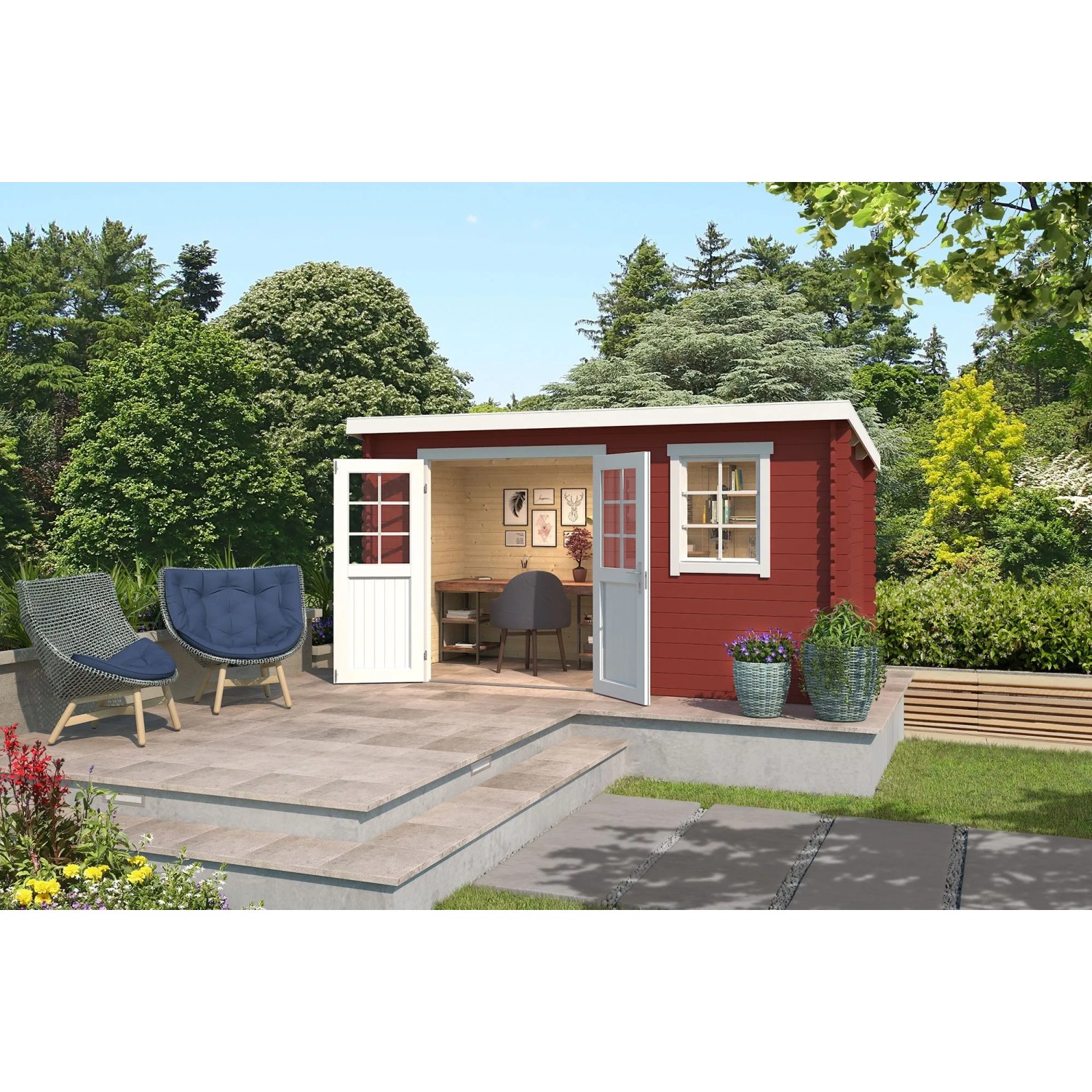 Lasita Holz-Gartenhaus Amira Flachdach Schwedenrot Lasiert 380 cm x 175 cm