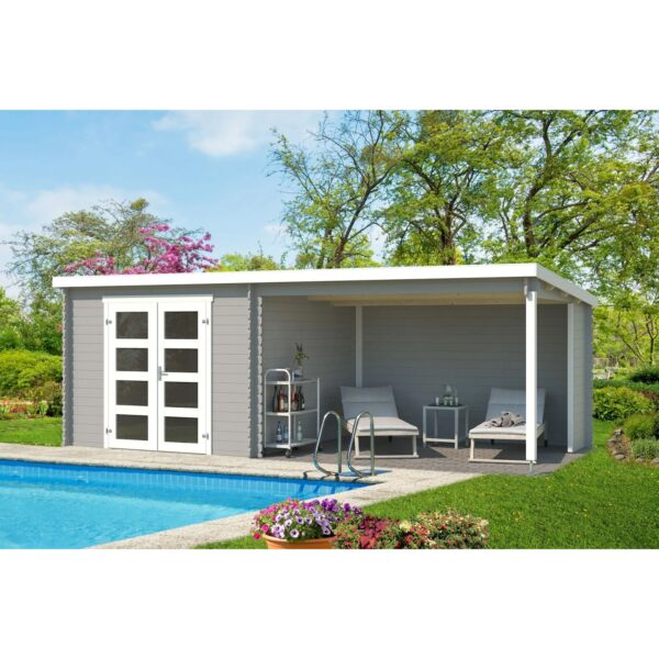 Lasita Holz-Gartenhaus Novia Plus Flachdach Lichtgrau Lasiert 600 cm x 275 cm