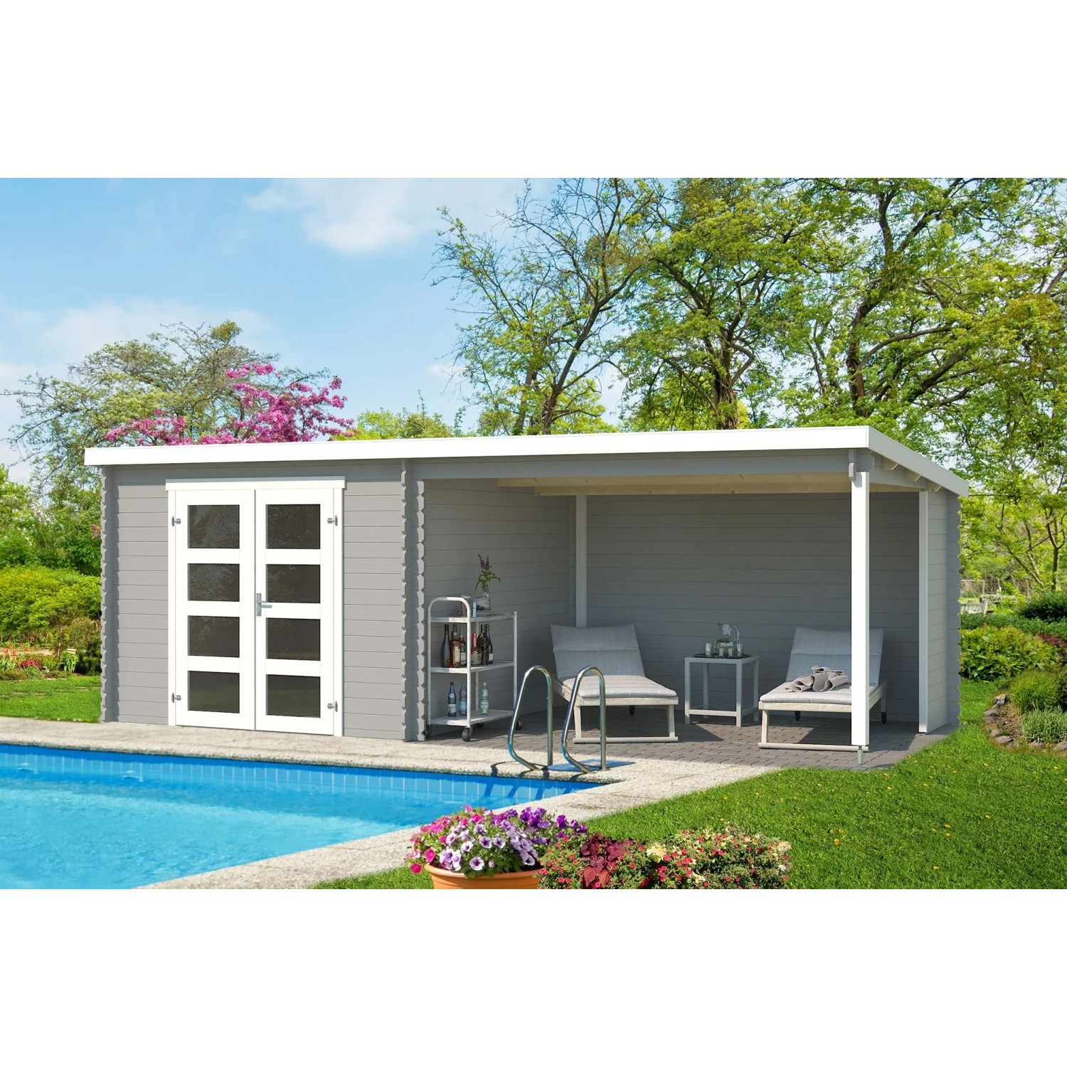 Lasita Holz-Gartenhaus Novia Plus Flachdach Lichtgrau Lasiert 600 cm x 275 cm