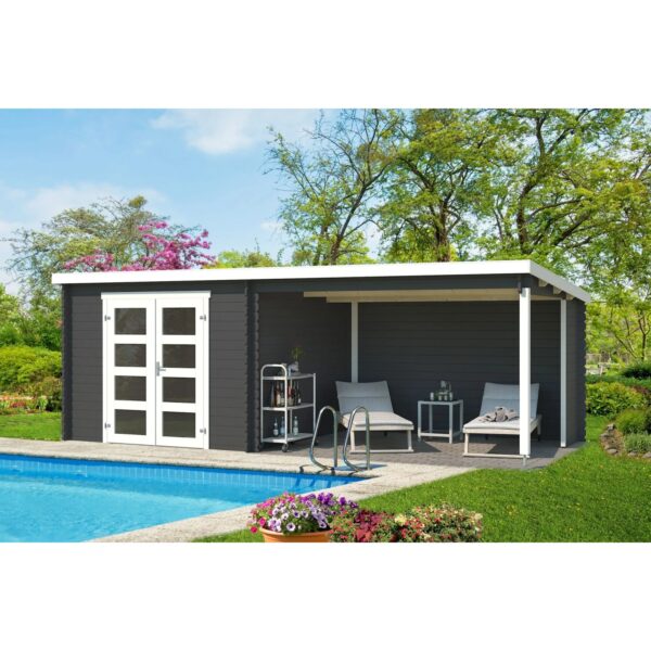 Lasita Holz-Gartenhaus Novia Plus Flachdach Carbongrau Lasiert 600 cm x 275 cm