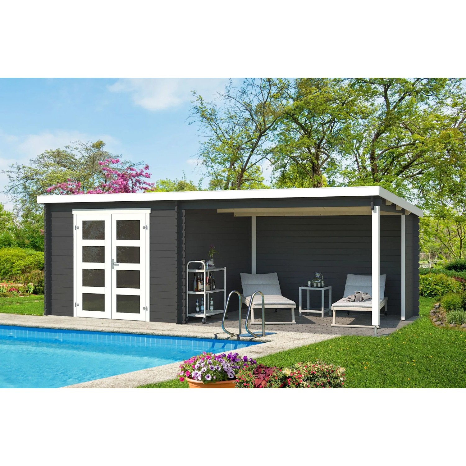 Lasita Holz-Gartenhaus Novia Plus Flachdach Carbongrau Lasiert 600 cm x 275 cm