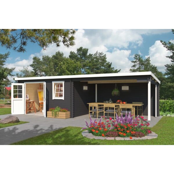 Lasita Holz-Gartenhaus Reno Flachdach Carbongrau Lasiert 760 cm x 275 cm Lasita Holz-Gartenhaus Reno Flachdach Carbongrau Lasiert 760 cm x 275 cm