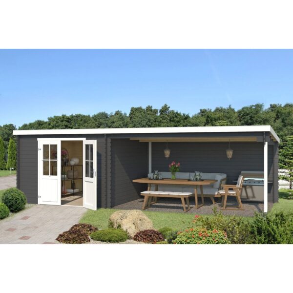 Lasita Holz-Gartenhaus St Louis Flachdach Carbongrau Lasiert 681 cm x 292 cm