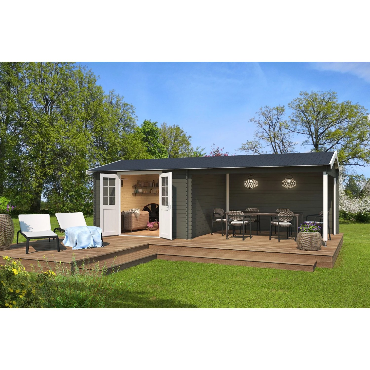 Lasita Holz-Gartenhaus Amarillo Satteldach Grau-Grün Lasiert 710 cm x 330 cm