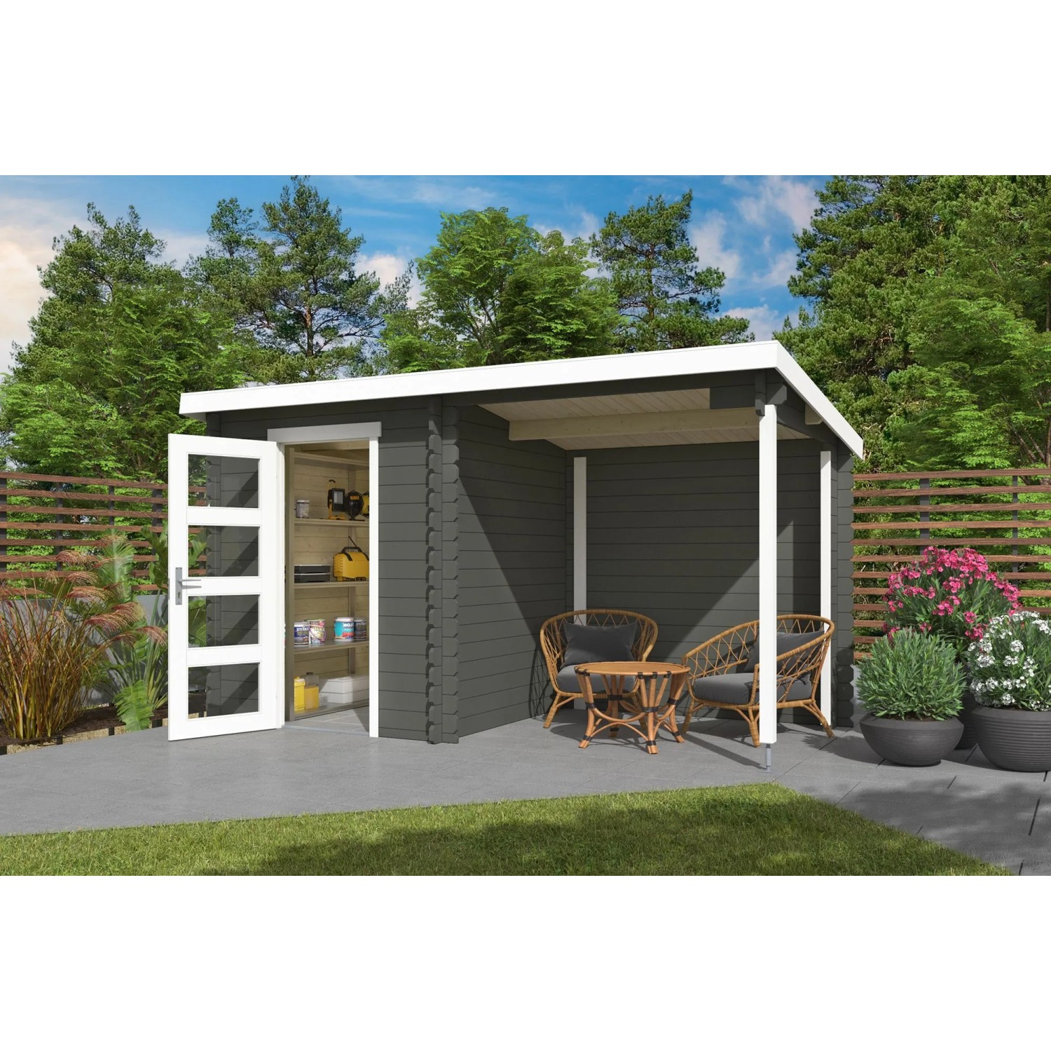 Lasita Holz-Gartenhaus Jelle Plus Flachdach Grau-Grün Lasiert 370 cm x 175 cm