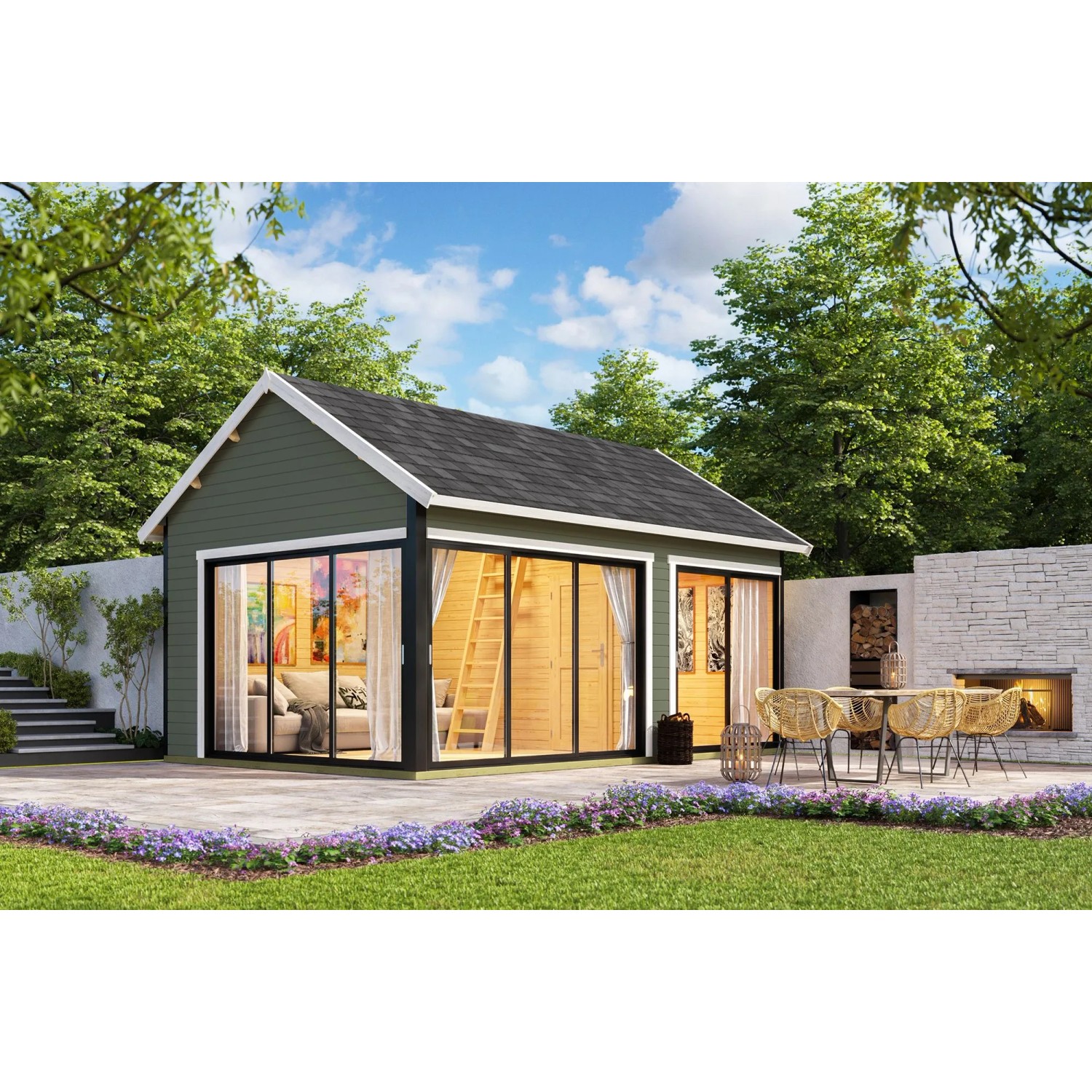 Lasita Holz-Gartenhaus Murano 3 Satteldach Grau-Grün Lasiert 578 cm x 390 cm