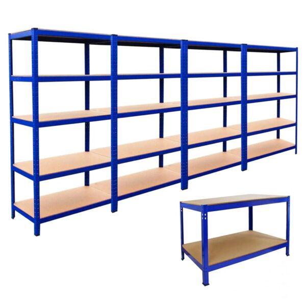 Monstershop 4x T-Rax Lagerregal 90cm Blau & Q-Rax Werkbank 120cm Blau im Set Monstershop 4x T-Rax Lagerregal 90cm Blau & Q-Rax Werkbank 120cm Blau im Set