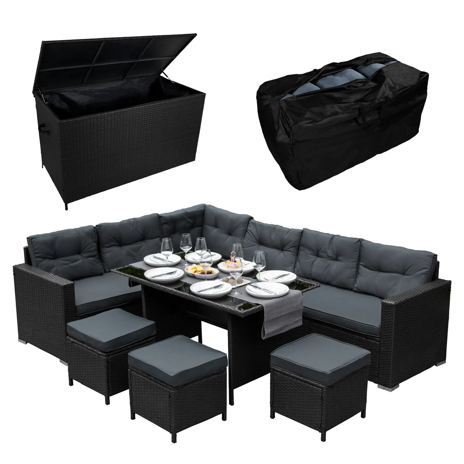 Monstershop Rattan Eckgarnitur & Kissenbox Schwarz