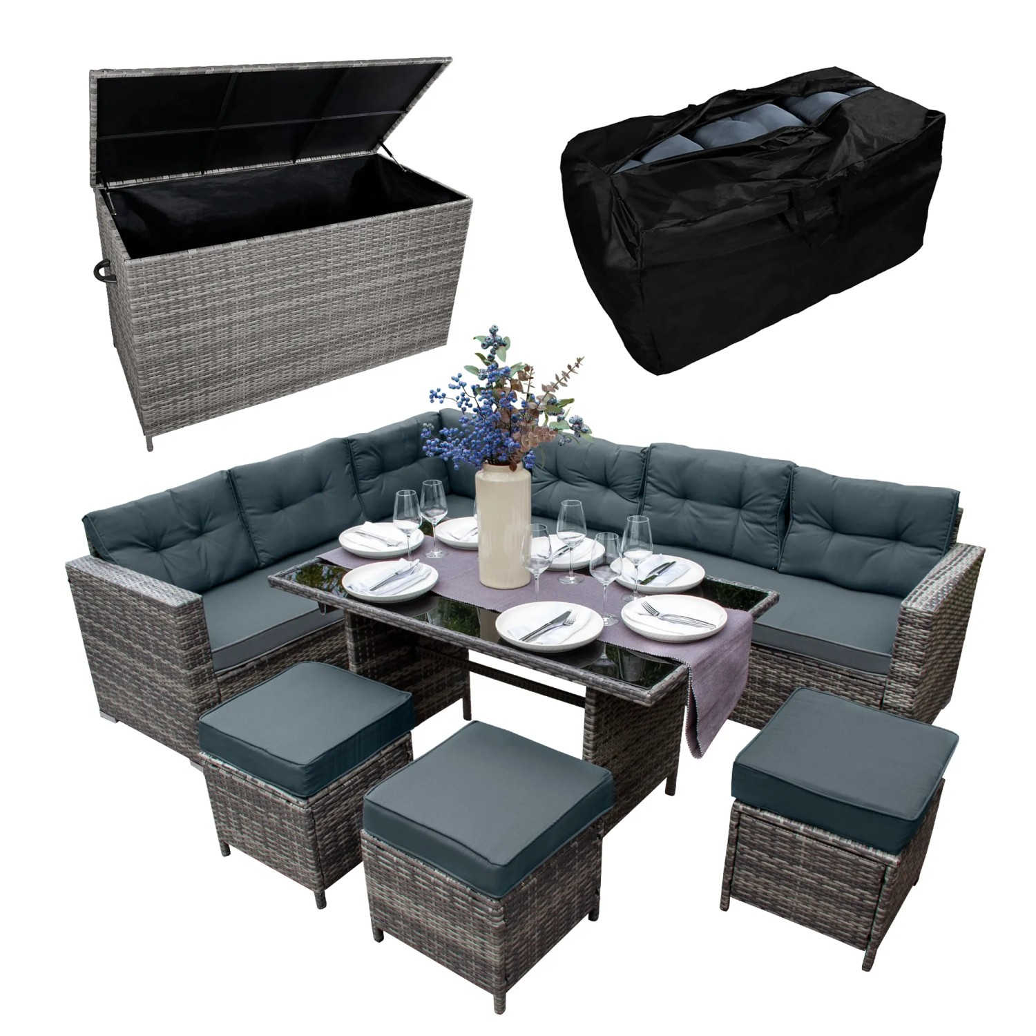 Monstershop Rattan Eckgarnitur & Kissenbox Grau