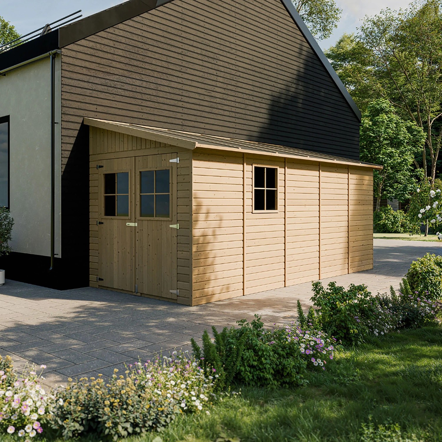 Timbela Anbau-Gartenhaus Holz M341+M341G 10 m² ohne Seitenwand mit Boden