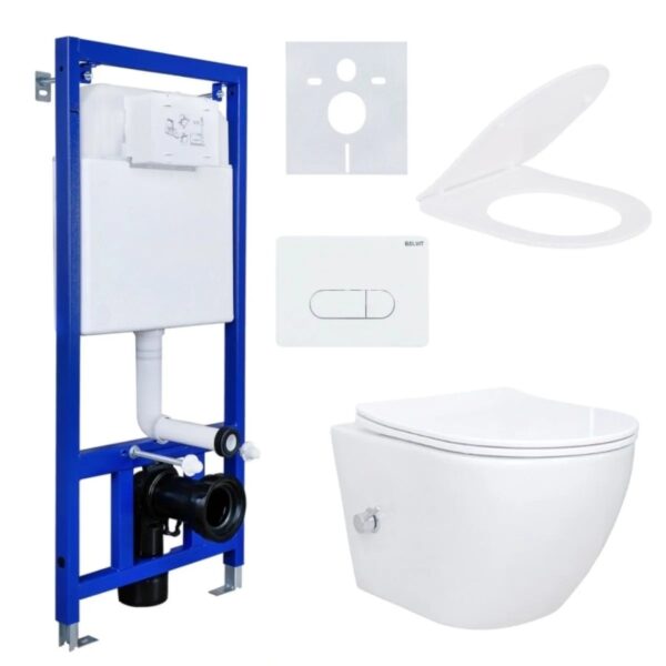 Belvit Spülrandloses Wand-WC Dusch-WC Komplettset mit Bidet Taharet Kalt/-Warmwasserarmatur Vorwandelement Belvit Spülrandloses Wand-WC Dusch-WC Komplettset mit Bidet Taharet Kalt/-Warmwasserarmatur Vorwandelement