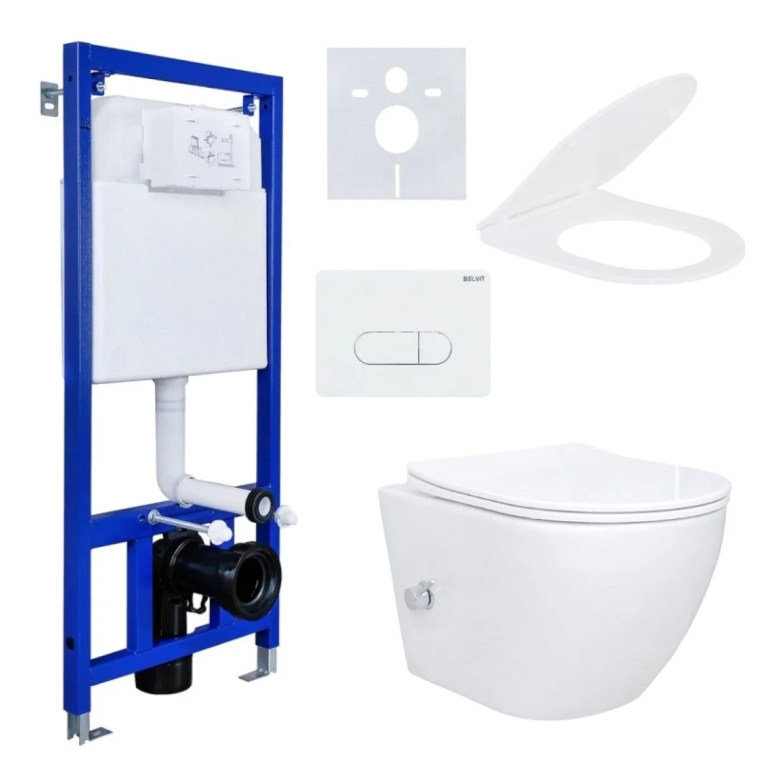 Belvit Spülrandloses Wand-WC Dusch-WC Komplettset mit Bidet Taharet Kalt/-Warmwasserarmatur Vorwandelement