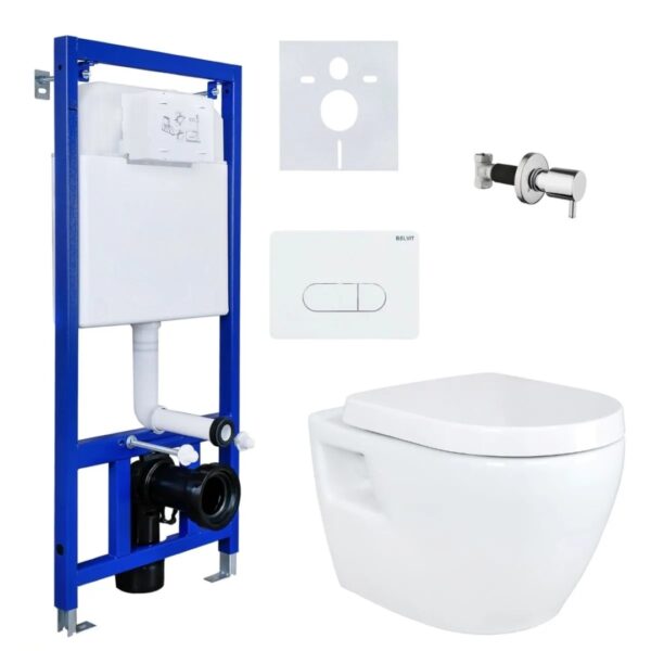 Belvit Wand-WC Dusch-WC Komplettset mit Taharet Bidet Funktion inkl. Vorwandelement Betätigungsplatte
