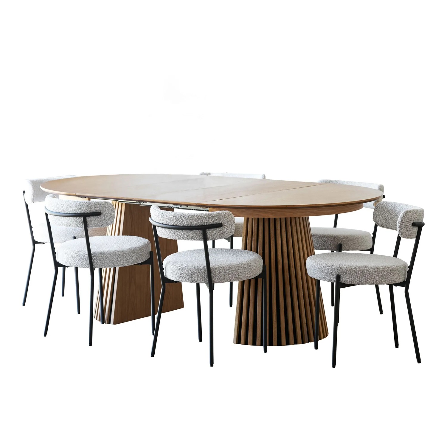 ebuy24 Tokyo Essgruppe Esstisch inkl 2 Einlegeplatten Ø120x120-160-200 cm Eichenfurnier und 6 Stühle Bouclé