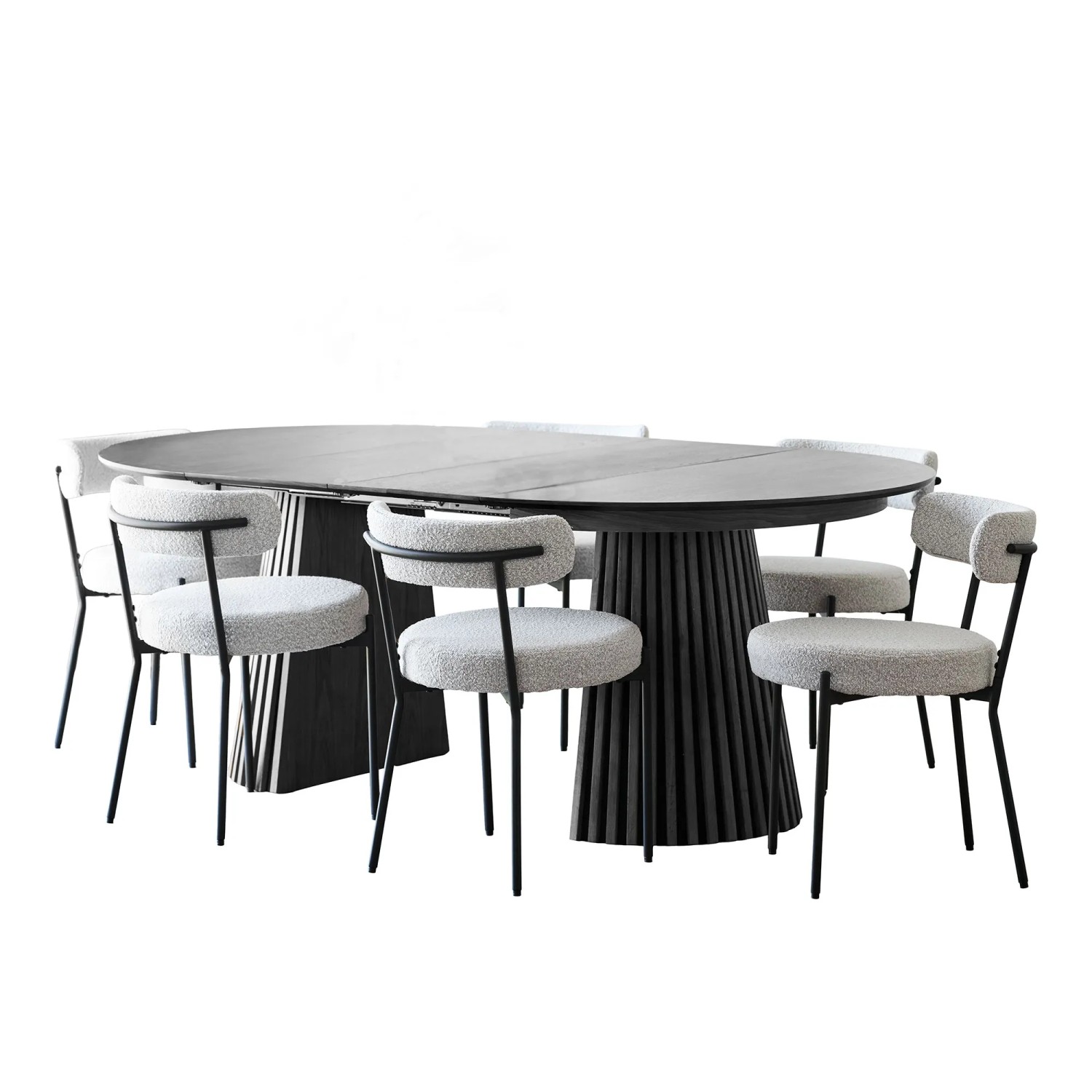 ebuy24 Tokyo Essgruppe Esstisch inkl 2 Einlegeplatten Ø120x120-160-200 cm Schwarz und 6 Stühle Bouclé Weiß