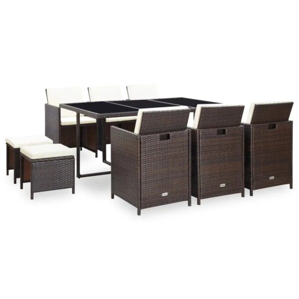 vidaXL 11-Tlg Garten-Essgruppe mit Auflagen Poly Rattan Braun 42527