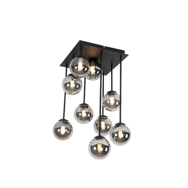 QAZQA Moderne Deckenleuchte Schwarz 9-Licht mit Rauchglas Athen