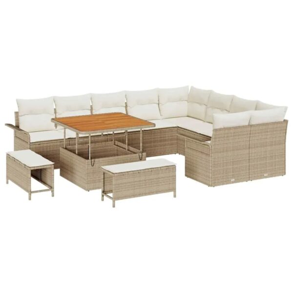 vidaXL 12-Teiliges Garten-Sofaset mit Kissen in Beige aus Poly Rattan und Akazie 3362166