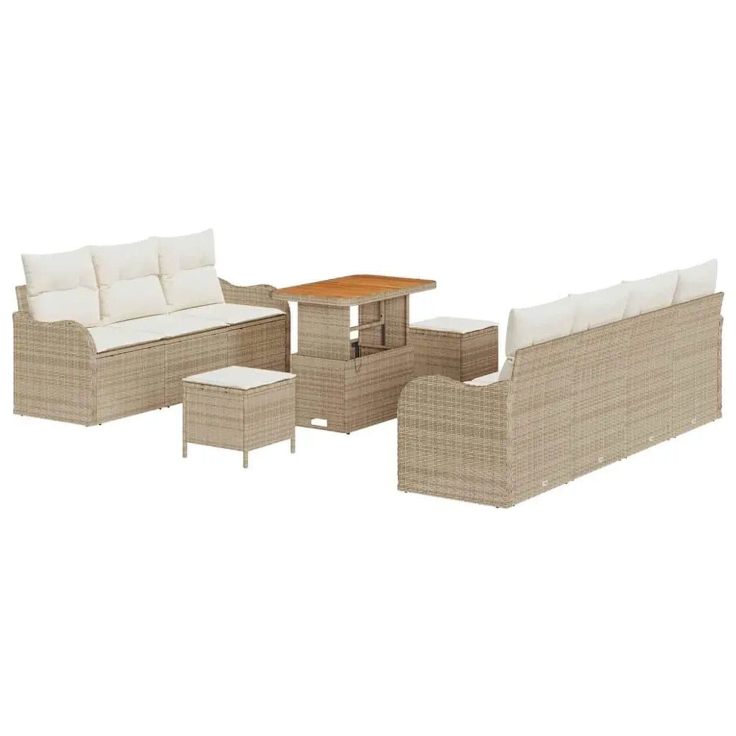 vidaXL 10-Teiliges Garten-Sofa-Set mit Kissen in Beige aus Poly Rattan und Akazie 3362231
