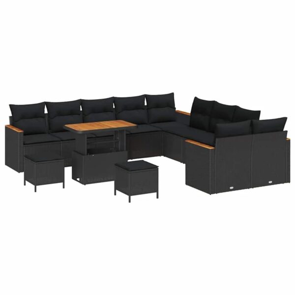 vidaXL 13-Teiliges Garten-Sofa-Set mit Kissen in Schwarz aus Poly Rattan und Akazie 3363104