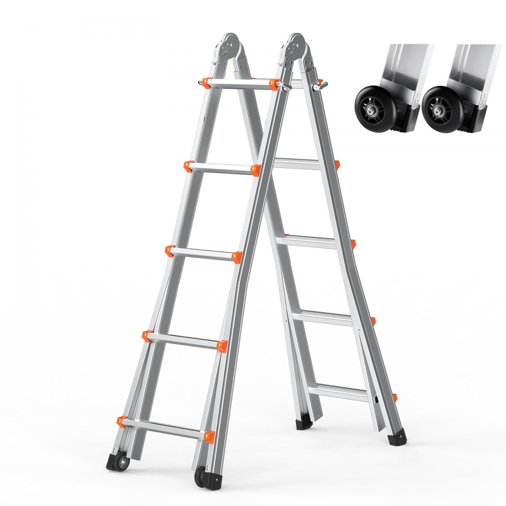 VEVOR Teleskopleiter mit A-Rahmen, 5120 mm, kompakte Aluminium-Ausziehleiter, 150 kg Tragkraft