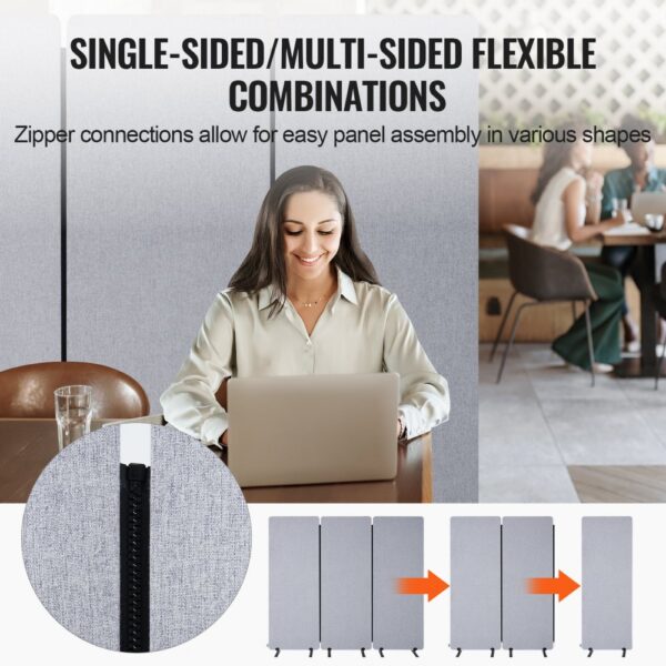 VEVOR Raumteiler 3 Paneele Paravent 1840 x 350 x 1655 mm, für Büro Schlafzimmer Arbeitszimmer, hellgrau – Bild 5